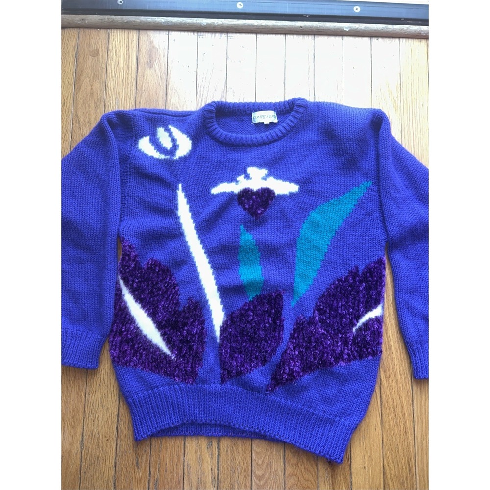 Vintage 90s Abstract Purple Heart Angora Blend Grandma Sweater MED Ugly